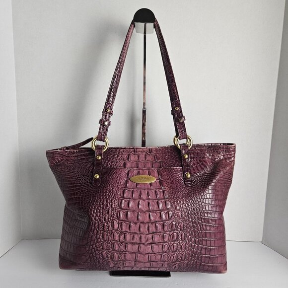 Brahmin Asher Melbourne Medium Maroon Croco Embossed Leather Shoulder Bag - Picture 1 of 16